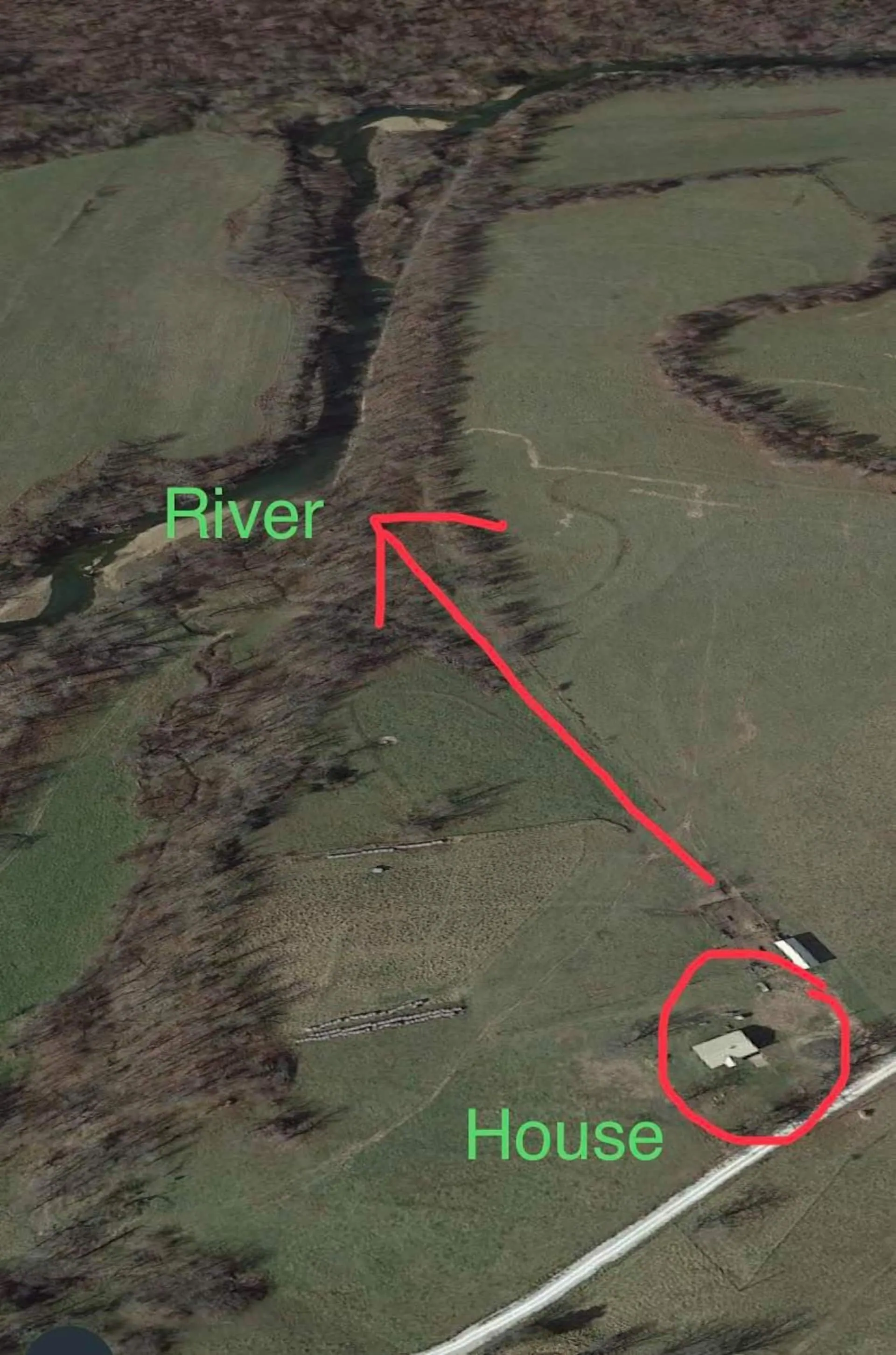 Aerial map of the farm marking the house and the half mile of Sac River frontage that wraps the property