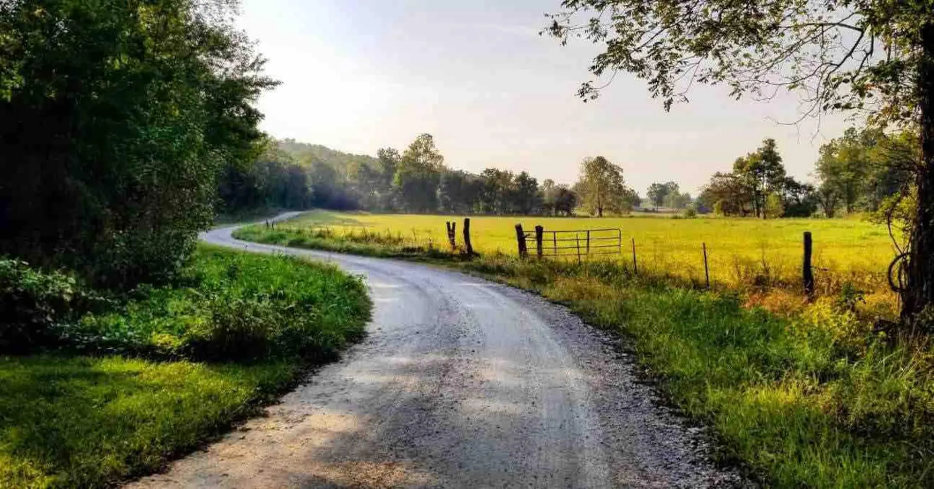 Gravel farm lane curving between sunlit hayfields toward the gate that opens onto the field path down to the Sac River